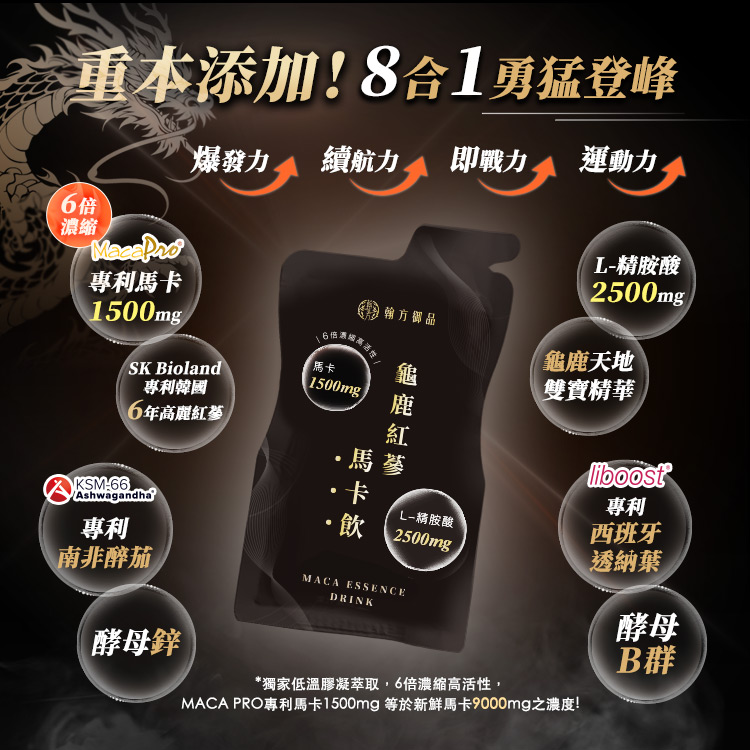 龜鹿紅蔘馬卡飲每日一包,可於早餐後或午餐後飲用,幫助啟動一天活力。建議持續補充,以達最佳調理效果。