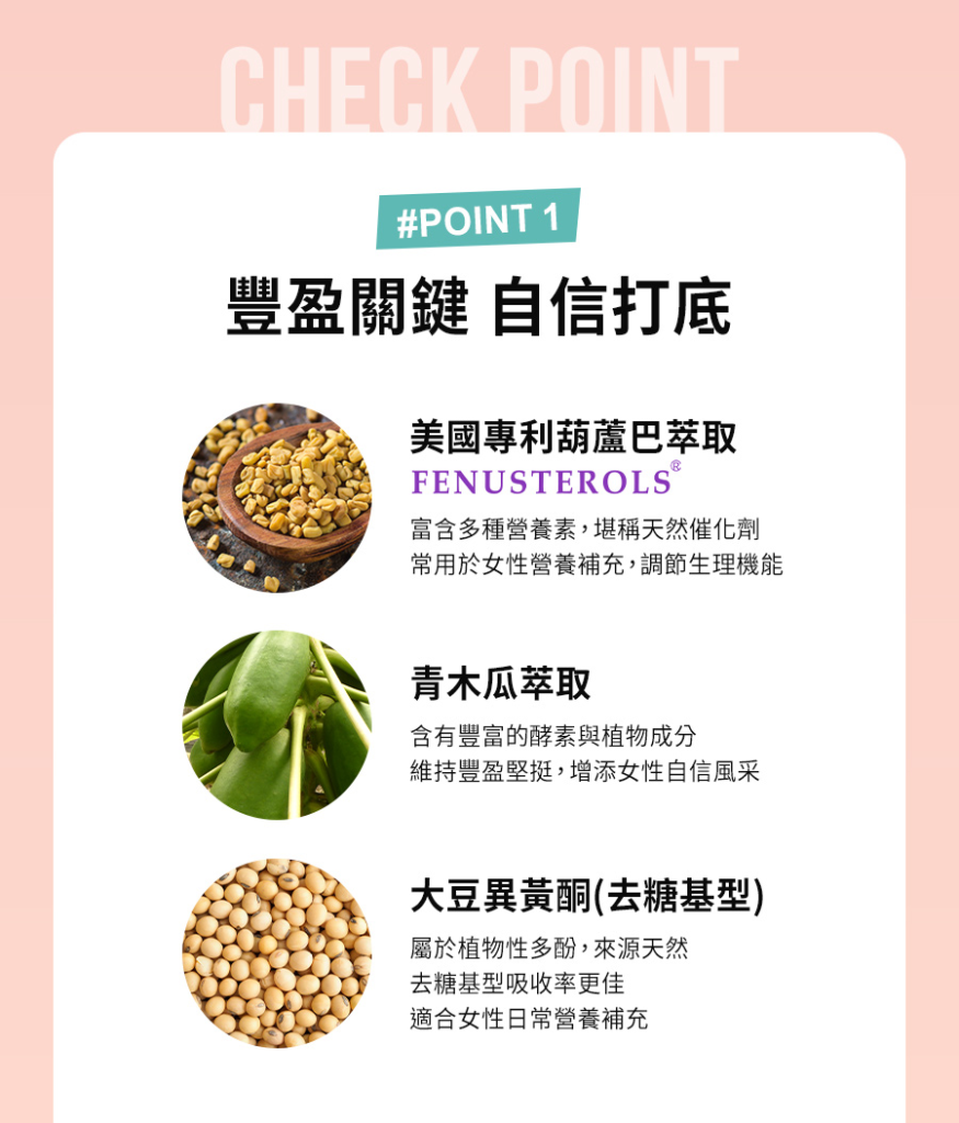 青木瓜豐美膠原飲特別精選了多種天然植萃:包括業界知名的美國專利葫蘆巴萃取,用以調節女性生理機能;以及青木瓜萃取,其豐富的酵素和植物成分,能維持線條的豐盈堅挺。